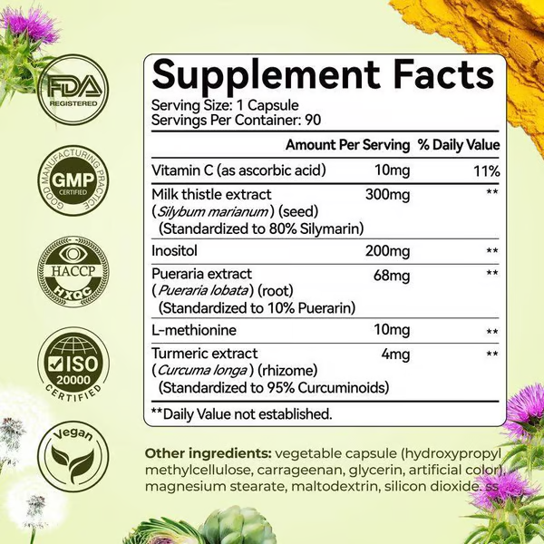 🌿Milk Thistle Liver Detox & Colon Cleanse, Natural Liver Health Support with Kudzu Root, Turmeric, Inositol, Methionine,Vitamin C,90 Capsules silymarin
