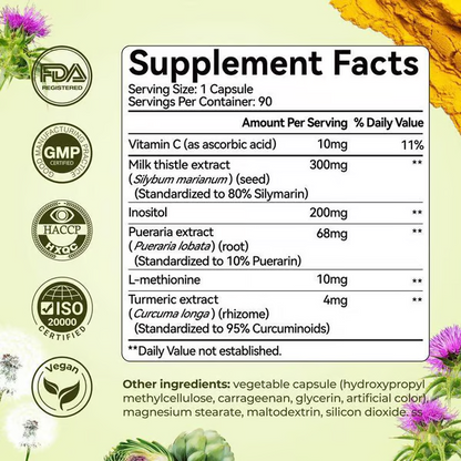 🌿Milk Thistle Liver Detox & Colon Cleanse, Natural Liver Health Support with Kudzu Root, Turmeric, Inositol, Methionine,Vitamin C,90 Capsules silymarin